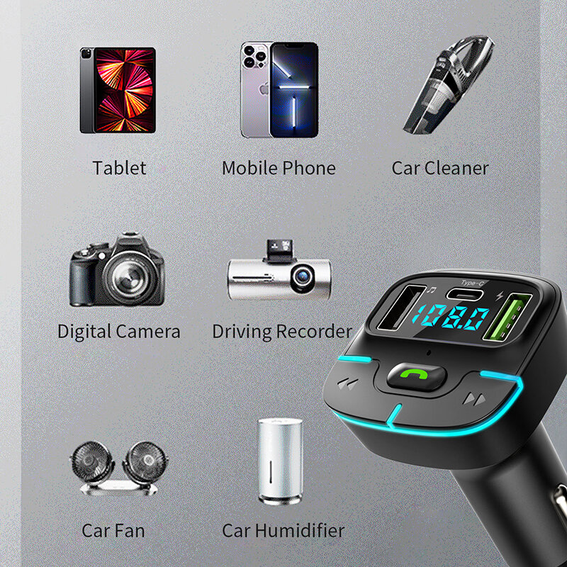 Bluetooth 5.4 nadajnik FM do samochodu MP3 muzyka U odtwarzacz głośnomówił ładowarka samochodowa szybkie ładowanie wskaźnik napięcia PD typu C