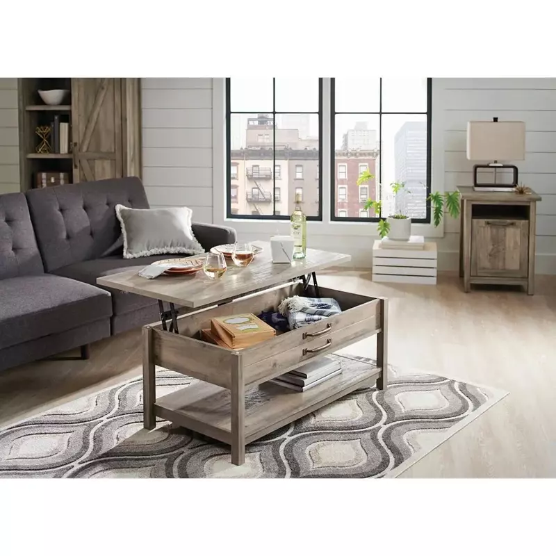 Modern Farmhouse Rectangle Lift-Top Coffee Table Rustic Gray Finish Furniture