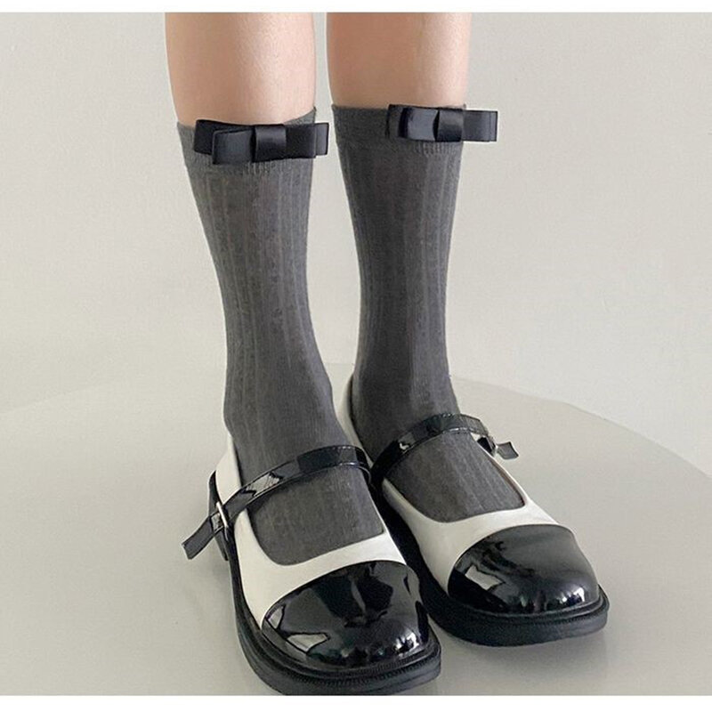 Puro algodão Mid-Calf Pile Socks, fita larga de uma palavra Bow Ins Ballet Socks, versátil Mid-Calf doce e bonito japonês JkStockings