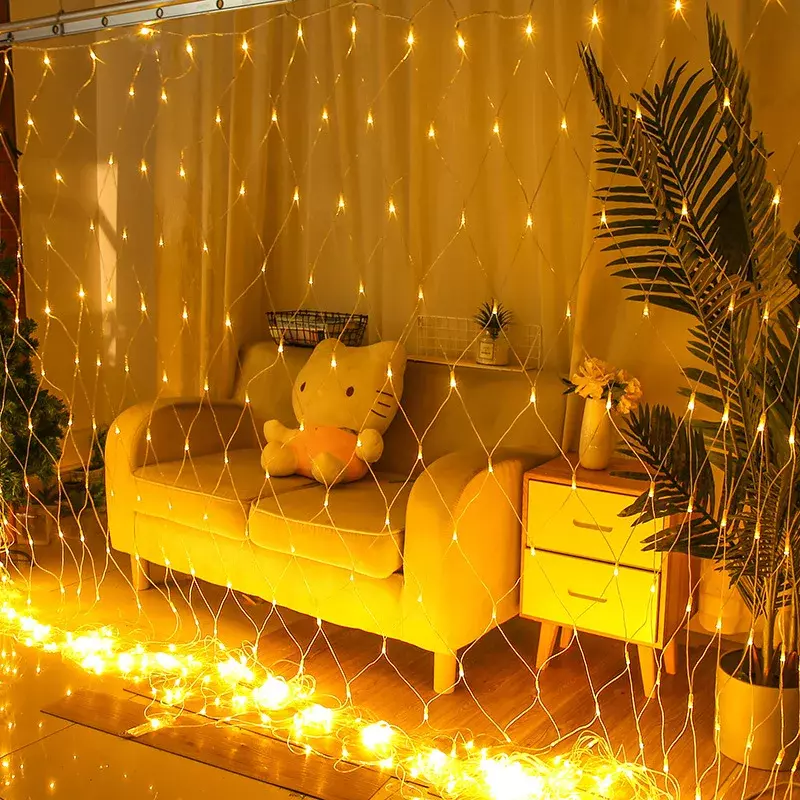 Luces de pesca de hadas, cortina de luces LED de malla, cadena de luz de Navidad para exteriores, impermeable para árbol, hogar, jardín, vacaciones, decoración de fiesta