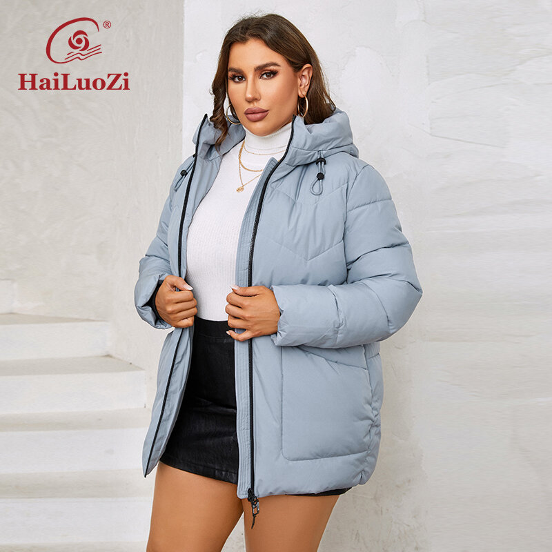 HaiLuoZi-Casacos de inverno com capuz para mulheres, roupas femininas, zip up, bolsos grandes, casaco acolchoado, curto, quente, plus size, novo, 9959, 2023