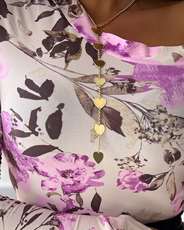 Y2K Casual Tops for Women 2024 Spring Summer Floral Print Long Sleeve Skew Neck Ribbed Top Pullover Skinny Slim Fit Blouses