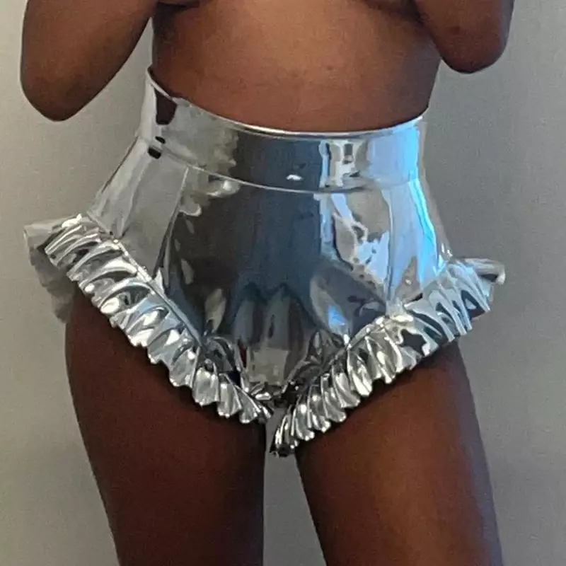 Franjes Metallic Pu Leren Buit Shorts Sexy Dames Zomerkleding Festival Clubkleding Hoge Taille Shorts Y 2K Mode Goud Zilver