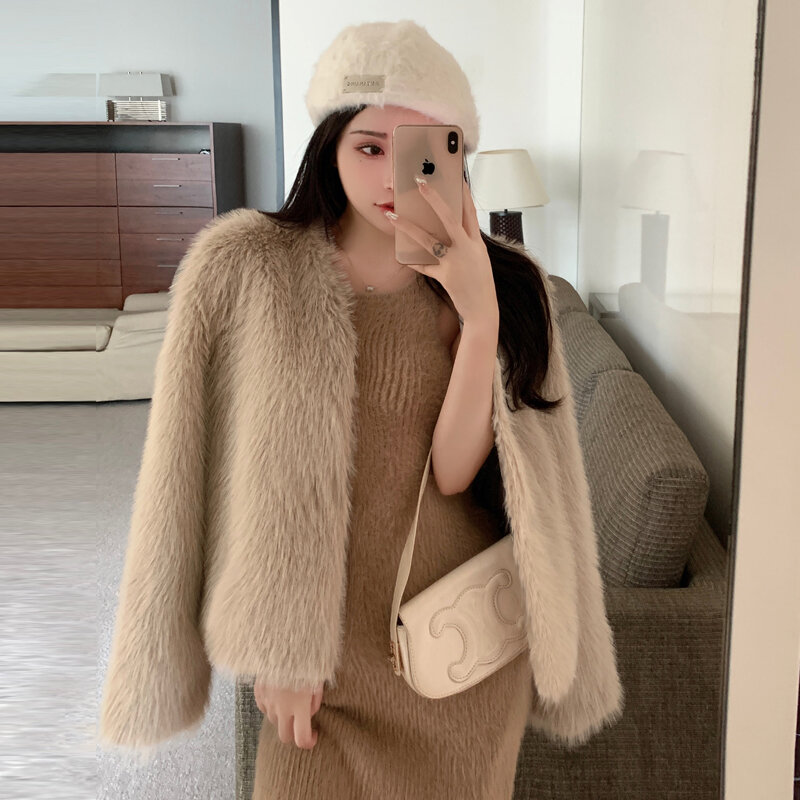 Inverno nuovo cappotto di pelliccia sintetica maniche lunghe Cardigan Design coreano moda signora scollo a v luce vendita calda ragazze cappotti caldi