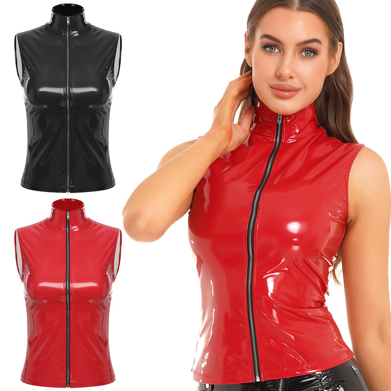 New Sexy Womens Zipper Jacket Wet Look Patent Leather Stand Collar Sleeveless Cami Vest Tank Tops Female Fashion Party Clubwear