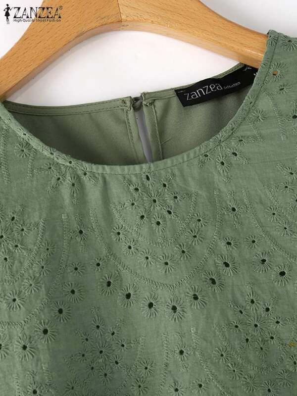 ZANZEA eleganckie bluzki z dziurami pół rękawa damskie dorywczo luźna moda Blusas koronkowy patchwork jednolita wakacyjna 2024 letnie koszule
