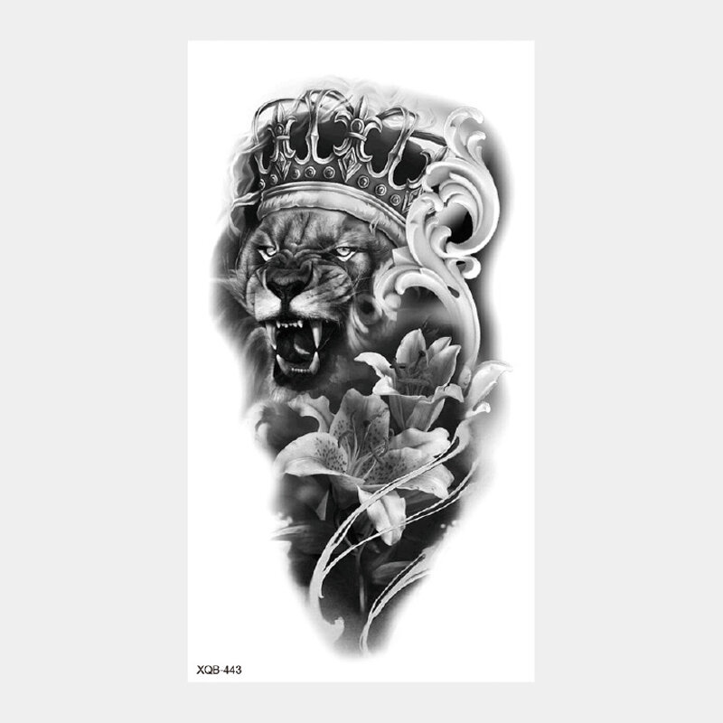 Tatuaje de manga superior para hombres y mujeres, corona de León, Tigre, cabeza de Lobo, pegatinas temporales impermeables, arte corporal, tatuaje falso