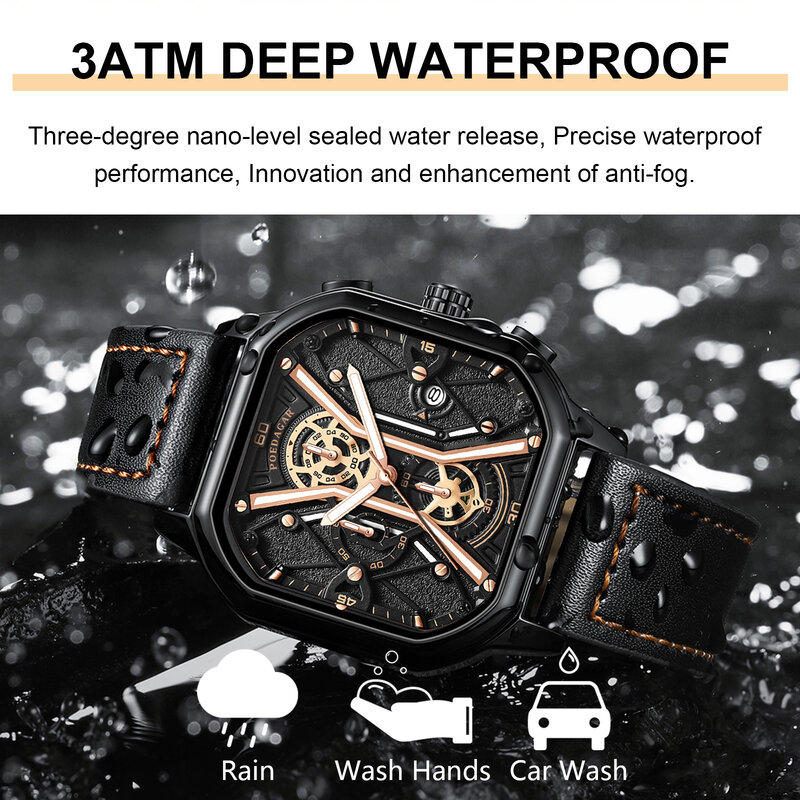 Modny męskie zegarki na rękę POEDAGAR luksusowy chronograf świecący wodoodporny zegarek z randką kwadratowa tarcza skórzany kwarcowe zegarki męskie