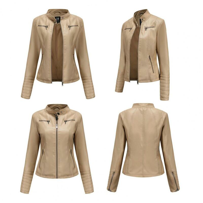 Women Fall Winter Jacket Smooth Faux Leather Stand Collar Neck Protection Windproof Warm Long Sleeve Zip Up Multi Pockets Cardig