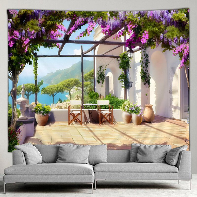 Tapicería de jardín colgante de pared de flores para el hogar, tela de poliéster con paisaje de bosque, planta verde, balcón, patio, tapices de decoración de pared