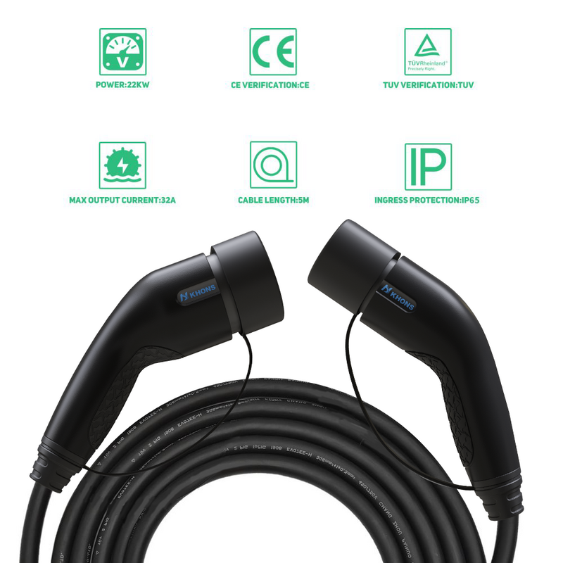 Khons Type2 To Type2 Ev Charging Cable  3Phase 32A Female To Male Plug 5M Cable 11KW 22kw IEC62196-2  EVES Charging Stations