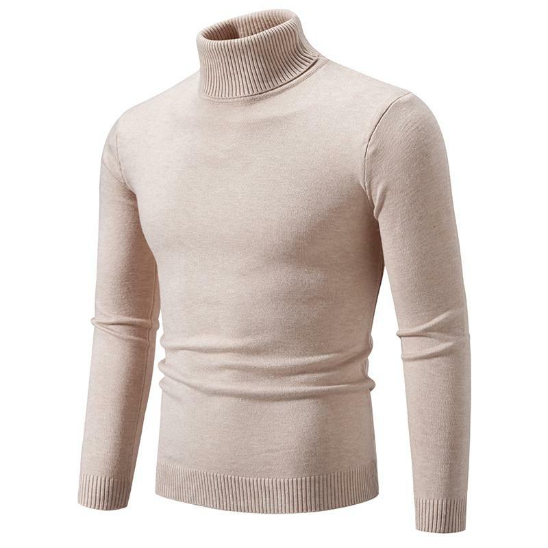 2023 pria musim gugur dan musim dingin tinggi leher bawah kemeja Slim Fit lengan panjang Sweater rajut warna Solid Mens pakaian