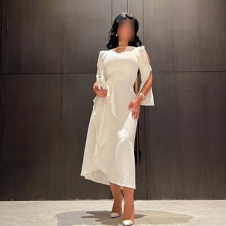 Vestidos de Fiesta de manga larga para mujer, vestidos blancos para ocasiones formales, cuello redondo, cuentas hasta el tobillo, Vestidos de Noche de temperamento de Dubái