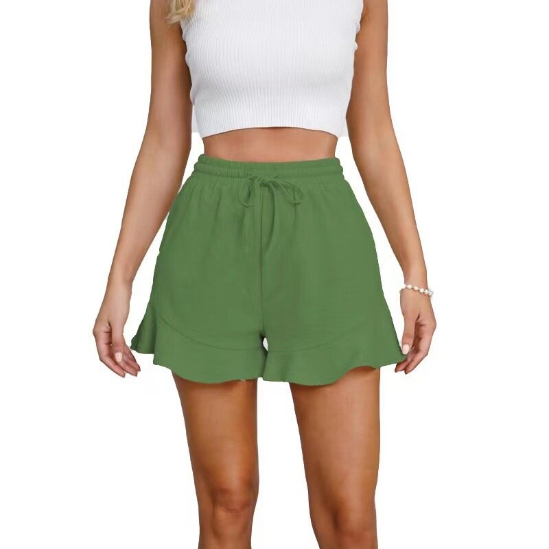 Damen Shorts Sommer neue einfarbige Baumwolle Leinen Mode Rüschen Kordel zug Casual Shorts weiblich