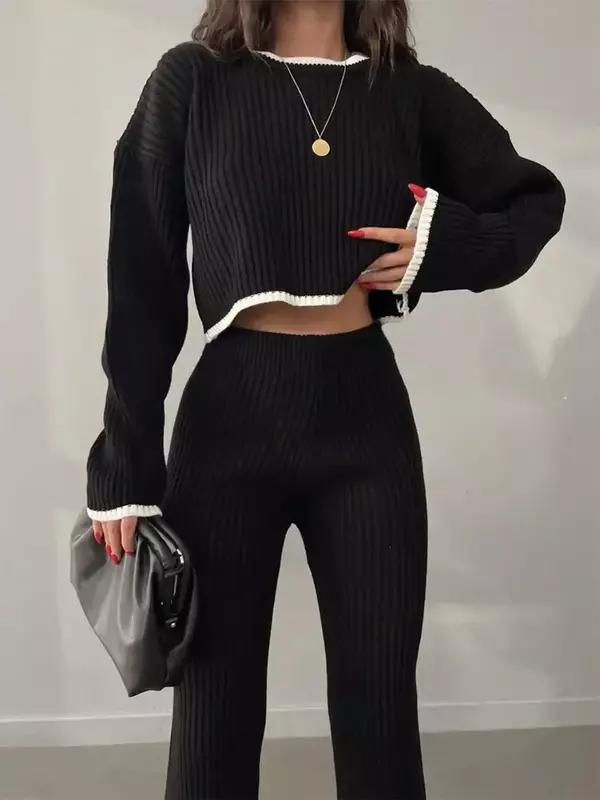 Women Sweater Flare Pant Set Casual Pullovers Suits Autumn Winter Knitted Long Sleeve Elegance Sexy Tops Elastic Sweaterpants