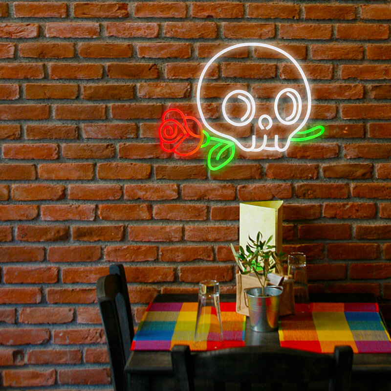 Skeleton Neon Sign Flower LED Lights Ghost Night Light Cool Room Decoration For Bedroom Barfestival Birthday Party Art Wall Lamp