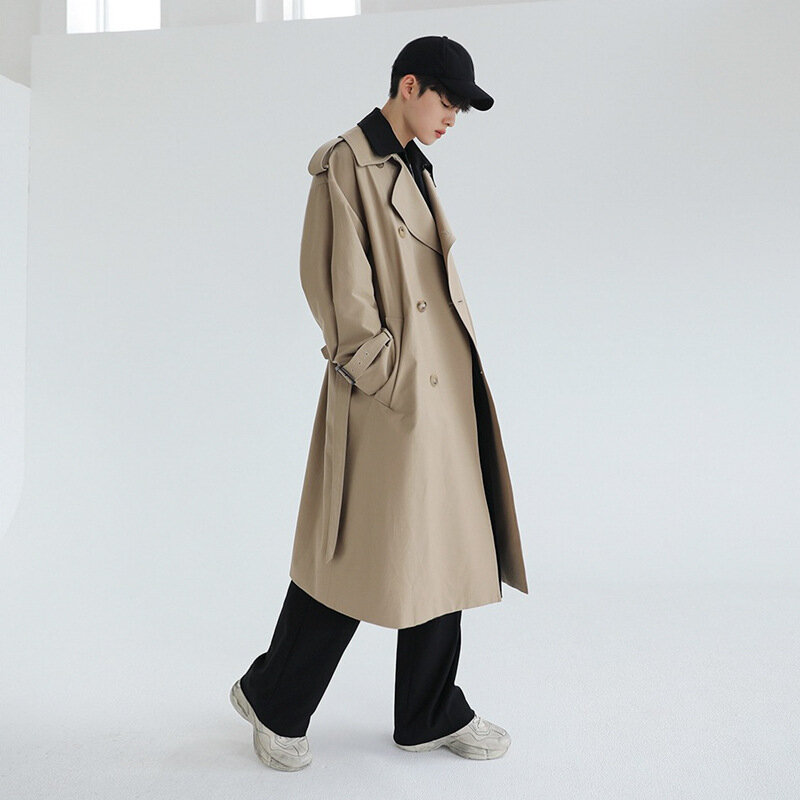 Mantel panjang pria, dua tahan angin palsu versi Korea untuk tren mantel tampan musim gugur longgar mantel Inggris