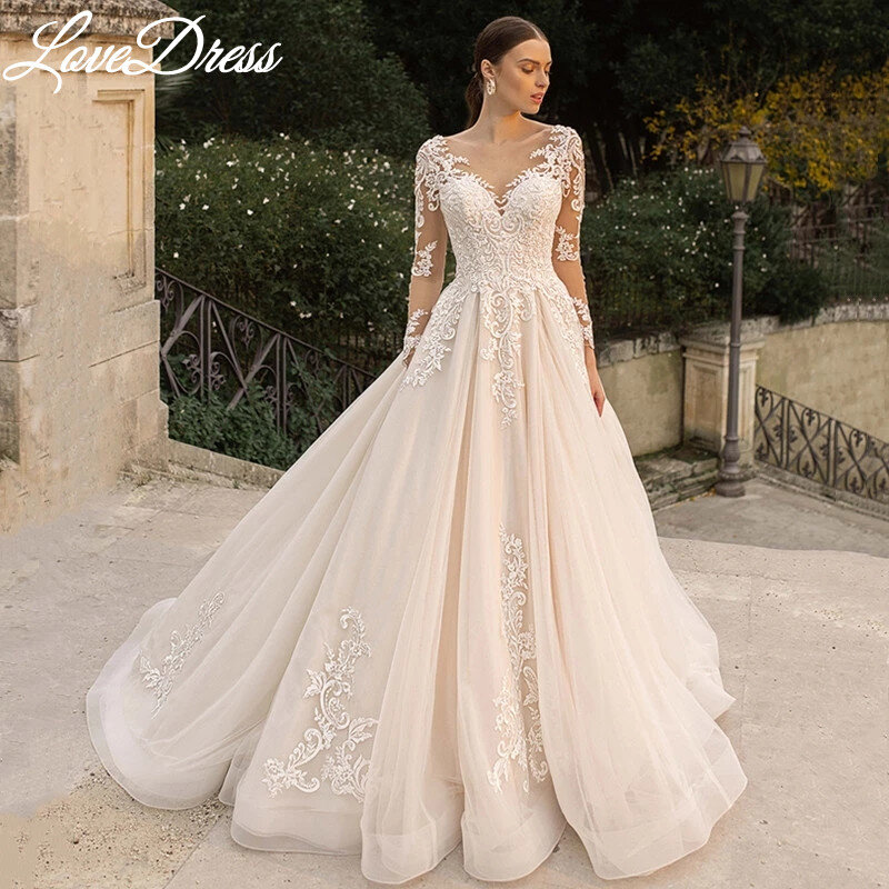 LoveDress gaun pengantin putri lengan panjang gaun pesta gaun pengantin leher V seksi 2024 gaun pengantin berkancing jubah De marifee