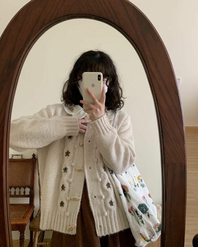 Doce bordado de malha cardigan 2022 outono inverno chifre botão roupas femme colégio estilo camisola jaqueta em torno do pescoço