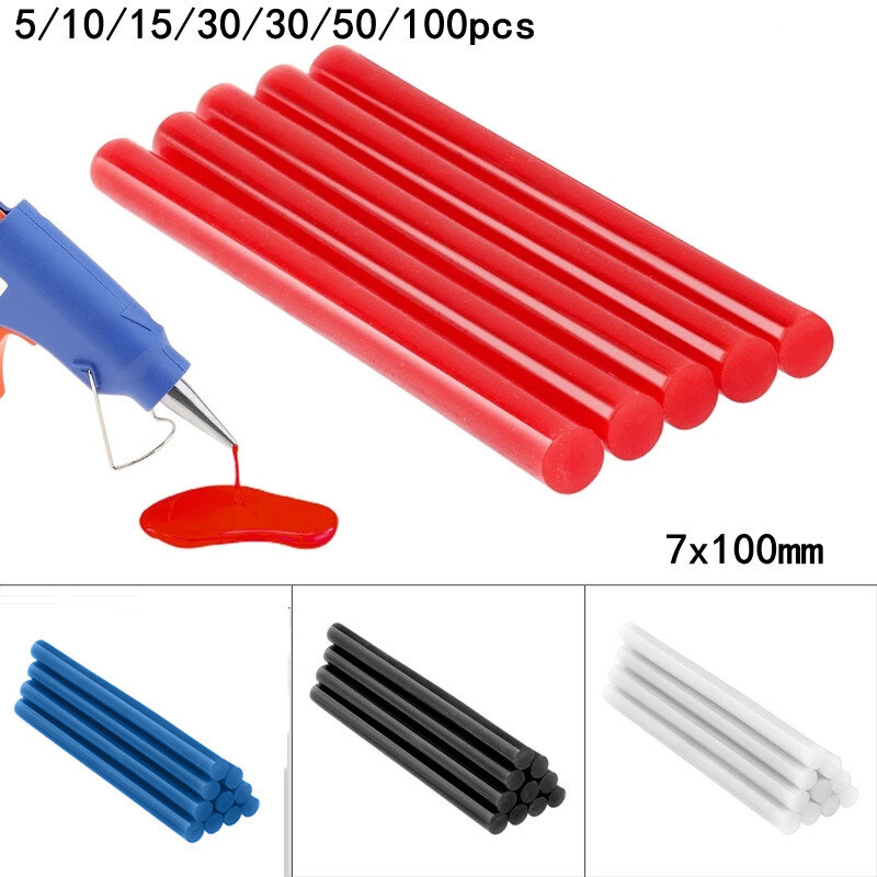 Adesivo Hot Melt Glue Gun Sticks, Rod de silicone, Ferramentas DIY, Gabinete de armazenamento, preto, azul, vermelho, 7x100mm, 10 pcs, 20 pcs, 30 pcs, 50pcs