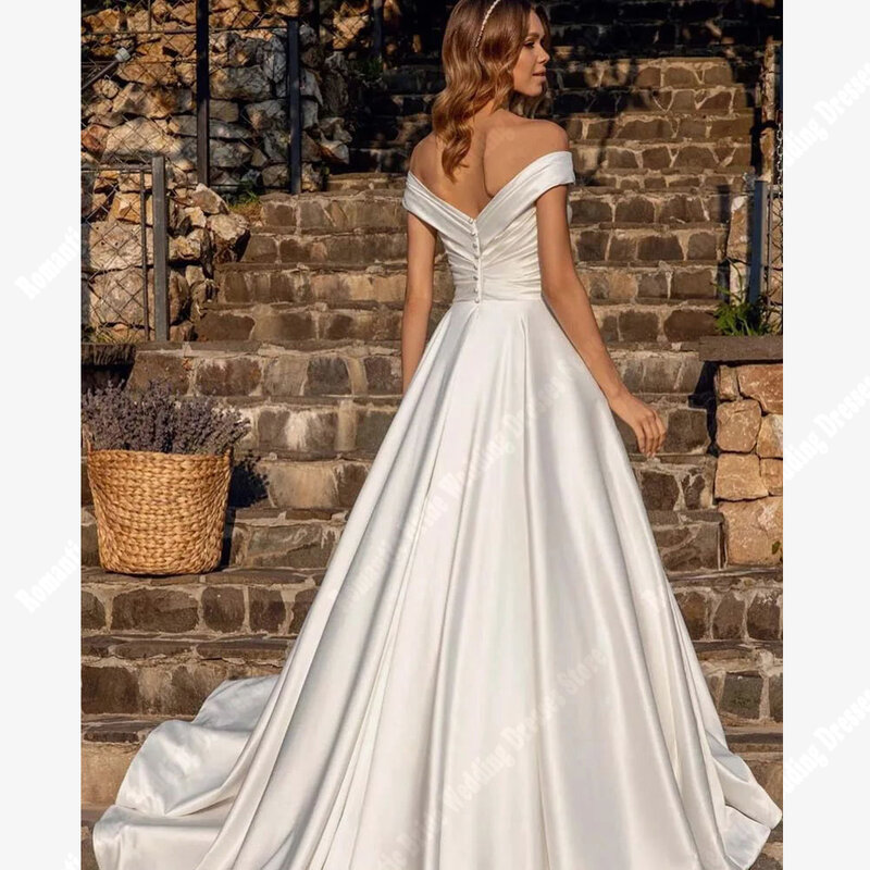 Gaun pernikahan wanita bahu terbuka gaun pengantin tanpa lengan permukaan Satin romantis gaun pengantin panjang pel 2024
