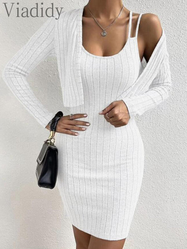 Women Casual Solid Color Ribbed Double Strap Bodycon Dress and Cardigan Coat 2pcs Set