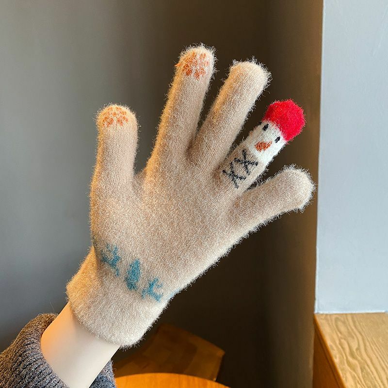 Guantes de lana de punto Kawaii para mujer y niña, mitones térmicos cálidos de invierno, lindo muñeco de nieve, guante de pantalla táctil de cinco dedos