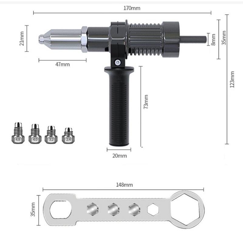 Elétrica Riveting Machine Adapter, Rebite Head Drill, Handle Wrench Rivet Tool, 2.4mm, 3.2mm, 4.0mm, 4.8mm de diâmetro