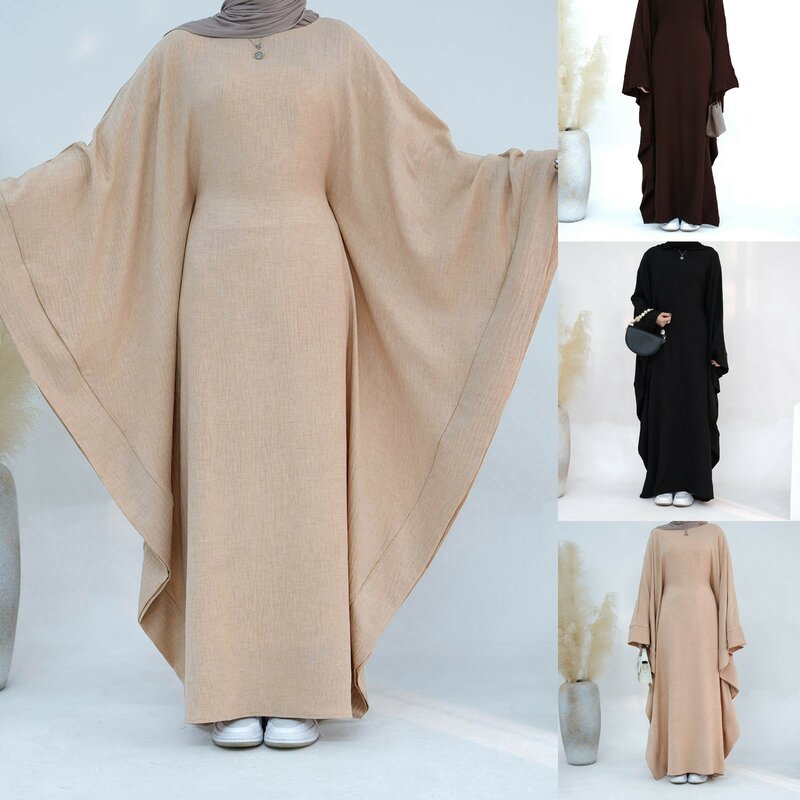 Women's Muslim Robe Batwing Sleeve Long Round Neck Loose Temperament Prayer Clothing Eid Ramadam Dress Loose Elegant Dress Burka