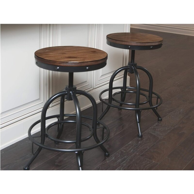Industrial adjustable height rotating bar stool, 2-piece set of 17.5 inches deep x 17.5 inches wide x 24 inches high