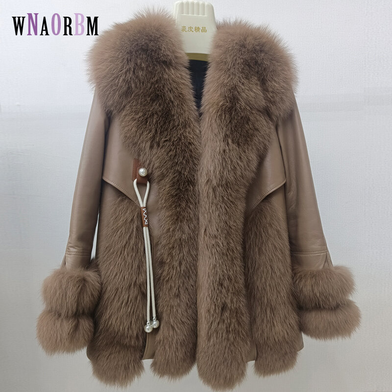 Casaco de pele raposa luxuoso para mulheres, forro, jaqueta de couro, decote em v, à prova de vento, quente, rua, high-end, novo estilo, moda
