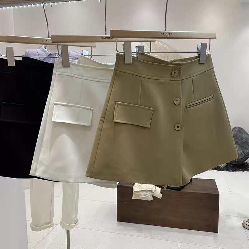 Nowe damskie spódnice z wysokim stanem, jednorzędowe, jednopersiowe, mini spódniczki, modne, czarne, dopasowane, wiosenne, letnie krótkie spodnie 2024