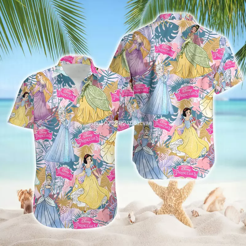 2024 New Disney Princess koszula hawajska męskie dzieci koszule z krótkim rękawem Disney hawajskie koszule koszule plażowe