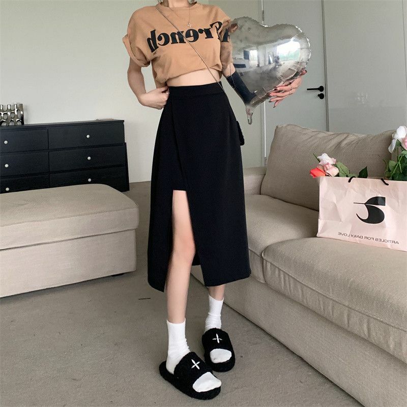 Jupes noires basiques d'été pour femmes, vêtements de bureau chics, taille haute, simples, ligne a Pure, confortables, Midi, mode coréenne, XS-5XL
