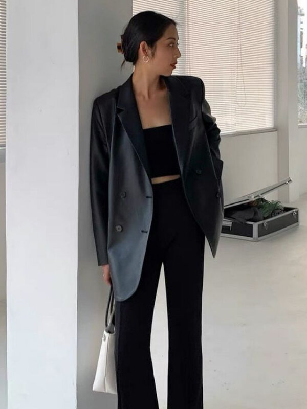 Korean Black Leather Moto Jacket Vintage Warm Female Loose Leather Suit Blazers Streetwear Ladies Fashion Trend Thin Biker Coats