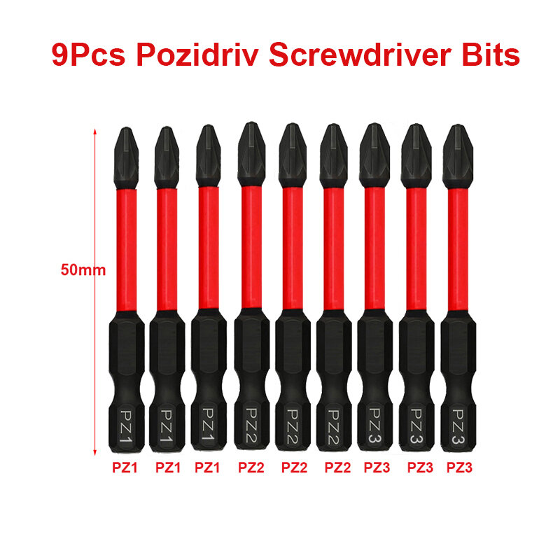 9Pcs Pozidriv Screwdriver Bits 50mm 25mm 1/4 Inch Hex Shank Magnetic PZ1 PZ2 PZ3 Impact Pozidriv Drill Bits Hand Power Tool