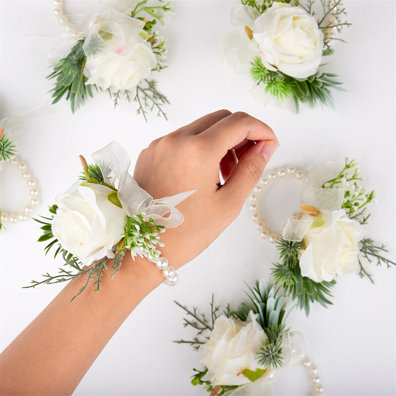 Fleur Artificielle pour Demoiselle d'Honneur, Corsage de Poignet, Bracelet de Mariage, Rose Perle, Fleur de Poitrine, 16%, 1Pc