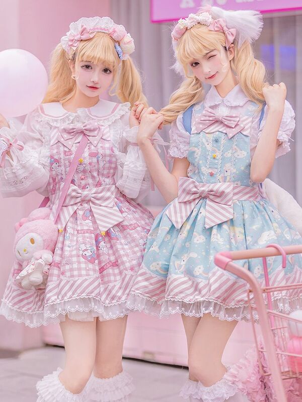Süße Lolita Jsk Cartoon Druck Prinzessin Kleid Frauen niedlichen Bogen Spitze Party Riemen Kleider Mädchen Harajuku Kawaii Y2k Mini Vestidos