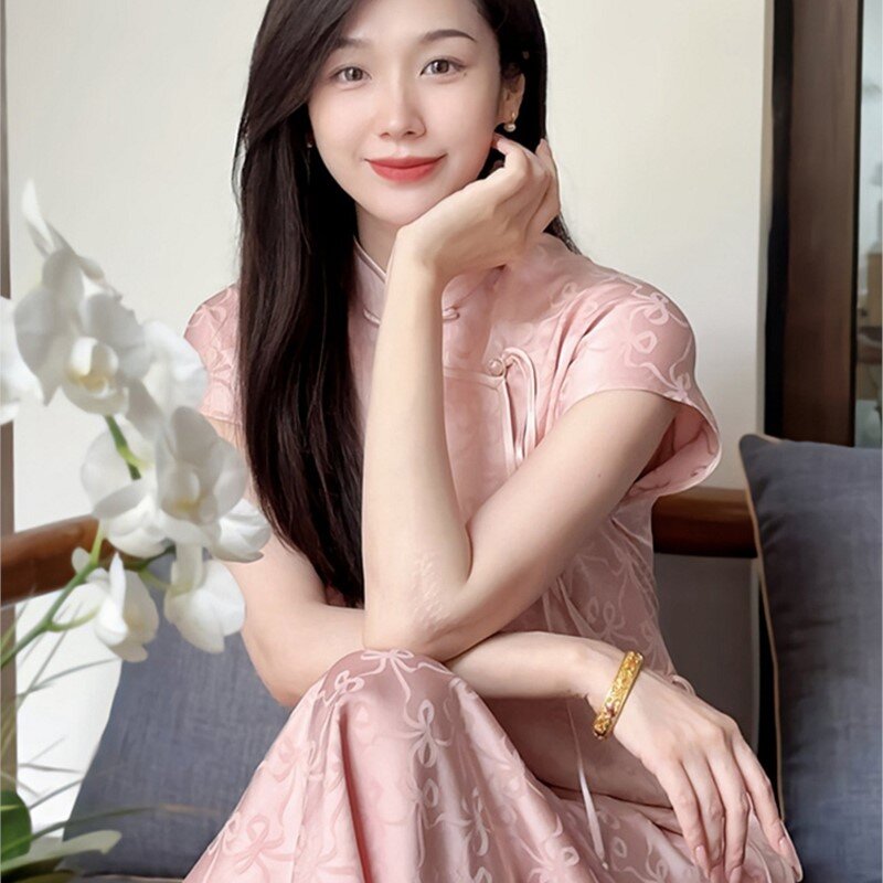 Gaun Cheongsam pendek untuk wanita, gaun Cheongsam merah muda elegan bergaya Tiongkok baru yang indah untuk wanita