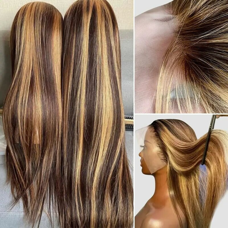 Highlight Straight Lace Front Pruik Human Hair 4/27 Steil Human Hair Pruik 13 × 4 Hd Lace Front Pruik Met Baby Haar 180% Dichtheid