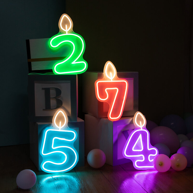 Luces de neón con número de cumpleaños, vela LED de 40cm, de feliz cumpleaños decoración de fiesta, Baby Shower, decoración de mesa, 0-9