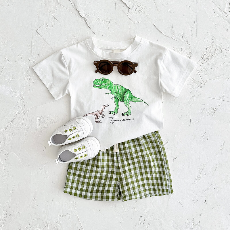 Conjunto de ropa de 2 piezas para bebé, camiseta de manga corta con estampado de dinosaurio informal, pantalones cortos a cuadros, conjunto de verano