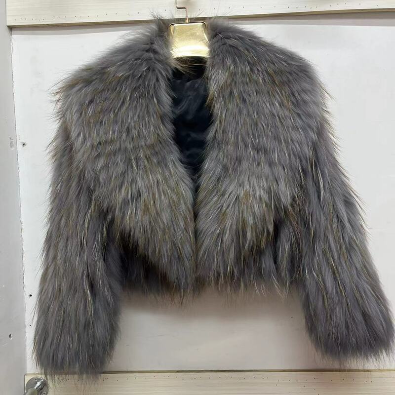 Женское зимнее пальто из натурального меха енота с высокой талией, роскошная модная Короткая Меховая куртка с длинными рукавами и отложным воротником, женская верхняя одежда, Y4562