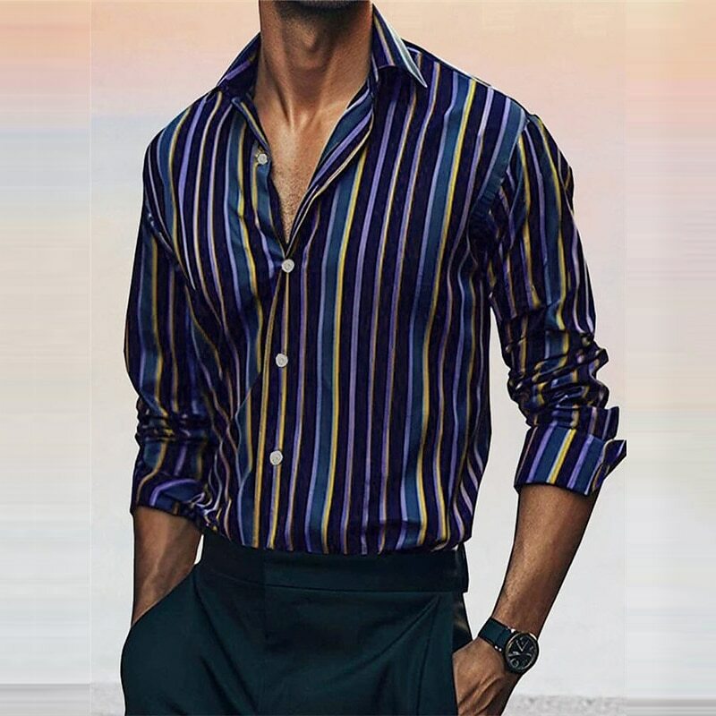 Camisa masculina de lapela listrada de manga comprida com botões, roupa casual confortável, resort diário, elegante, verão