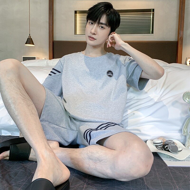 Men Pajamas Set Summer Short-sleeves Sleepwear Korean Casual Cotton Sleepwear Plus Size M-4XL Men Nightwear Shorts pyjama homme