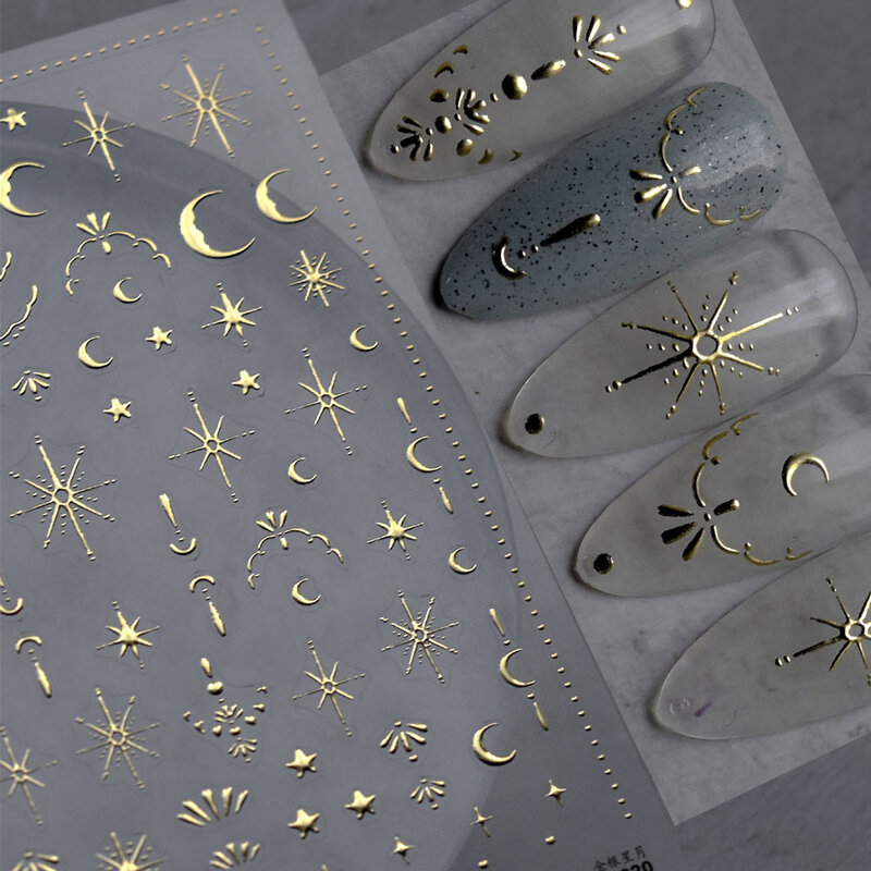 Pegatina 3D para decoración de uñas, calcomanía autoadhesiva con diseño de sol, luna y estrella, color dorado y plateado, 8x10cm
