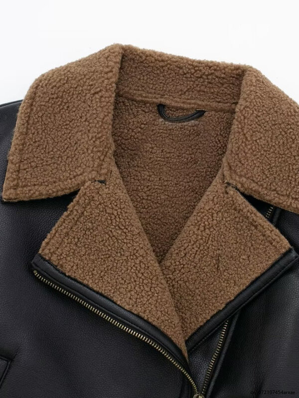 Женская уличная куртка из искусственной кожи, утолщенная теплая байкерская куртка из искусственной кожи, модная винтажная короткая куртка из искусственной кожи с мехом ягненка, Осень-зима