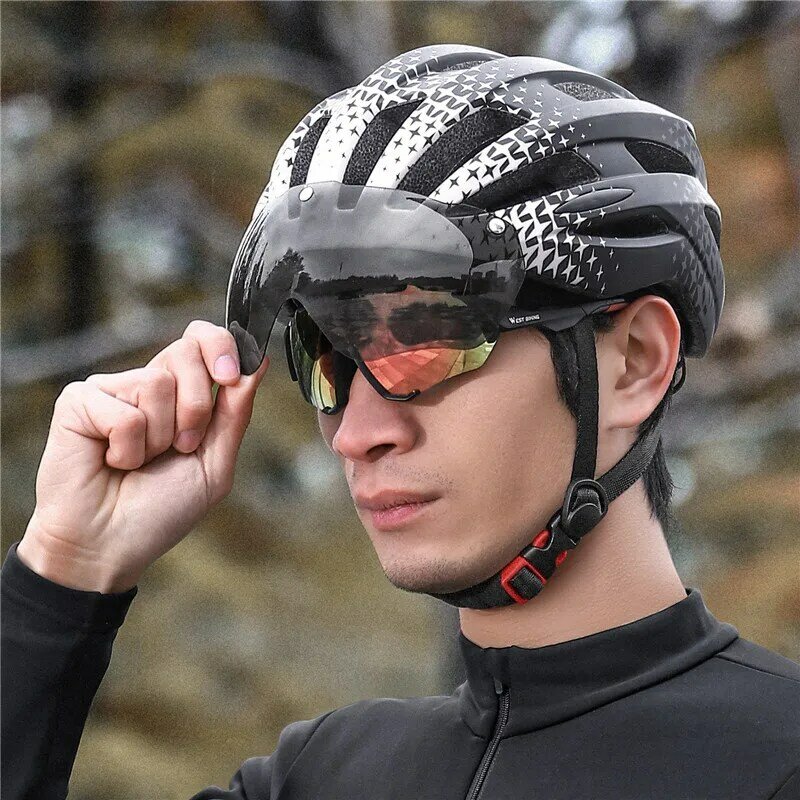 WEST bersepeda helm pelindung matahari Wanita Pria, helm sepeda MTB sepeda jalan topi aman magnetik perlengkapan helm kacamata