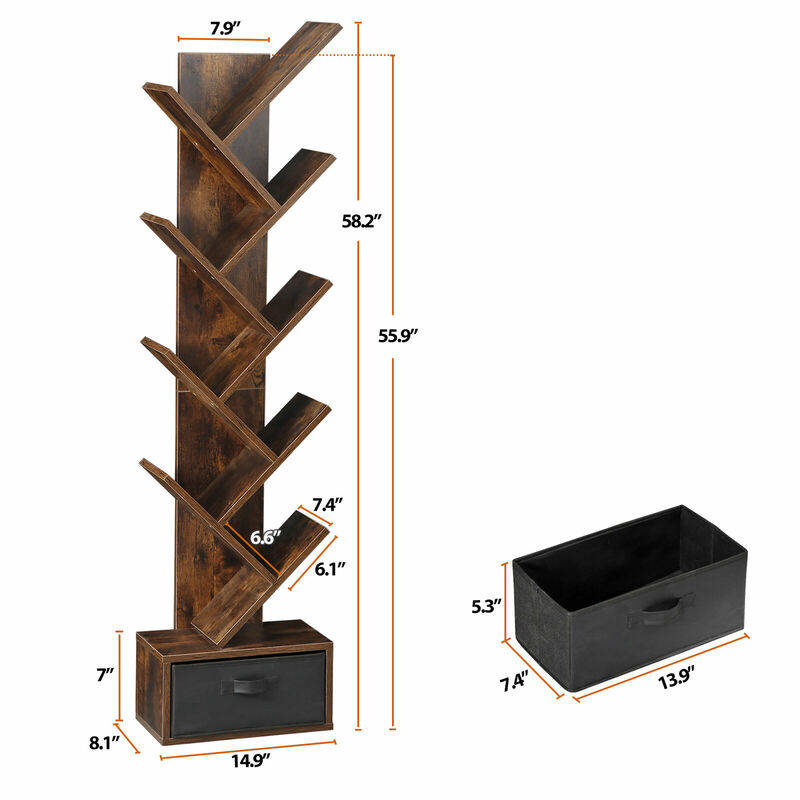 9 Tier Tree Bookcase with Drawer Floor Standing Bookshelf for Books/Magazine/CDS