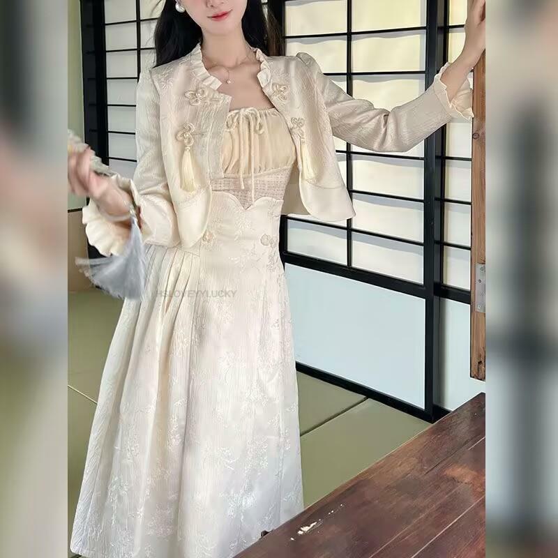 Lente Zomer Nieuwe Chinese Stijl Vrouwen Verbeterde Hanfu Lady Elegante Lange Mouwen Knoop Top Hoge Taille Rok Cheongsam Set